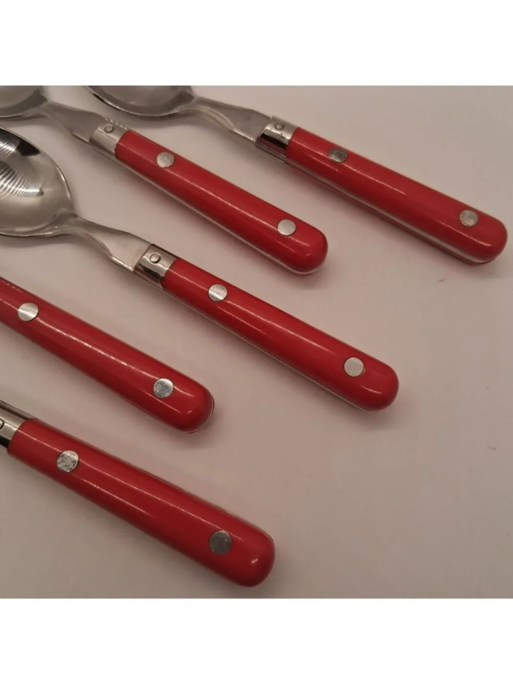 Set Of 5 Vintage Tea Spoons Red Handled Stainless Steel Made In Korea